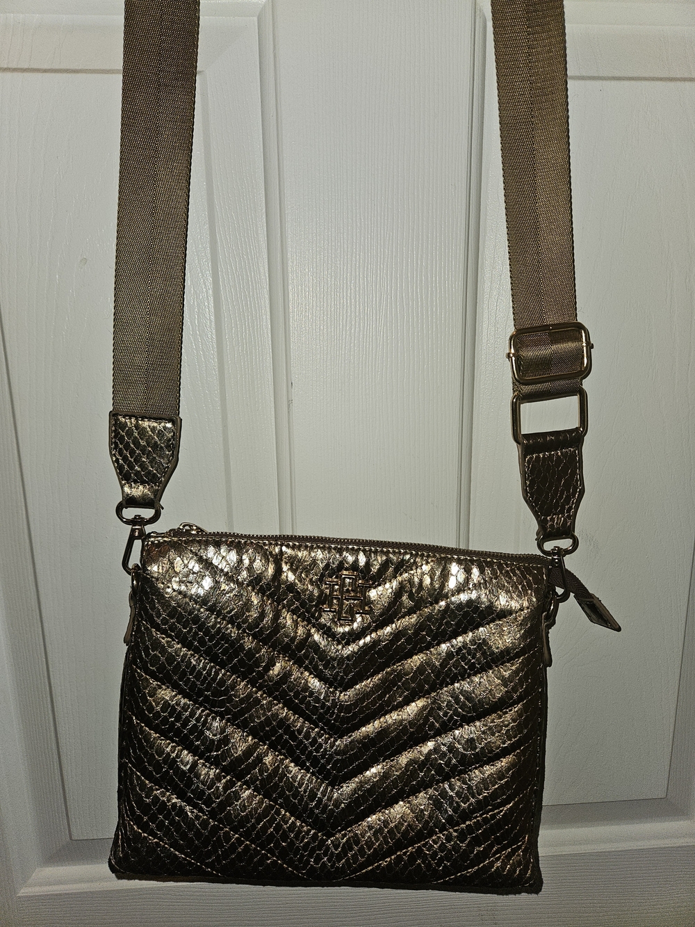 Metallic Bronze Quilted Crossbody Bag with Adjustable Strap